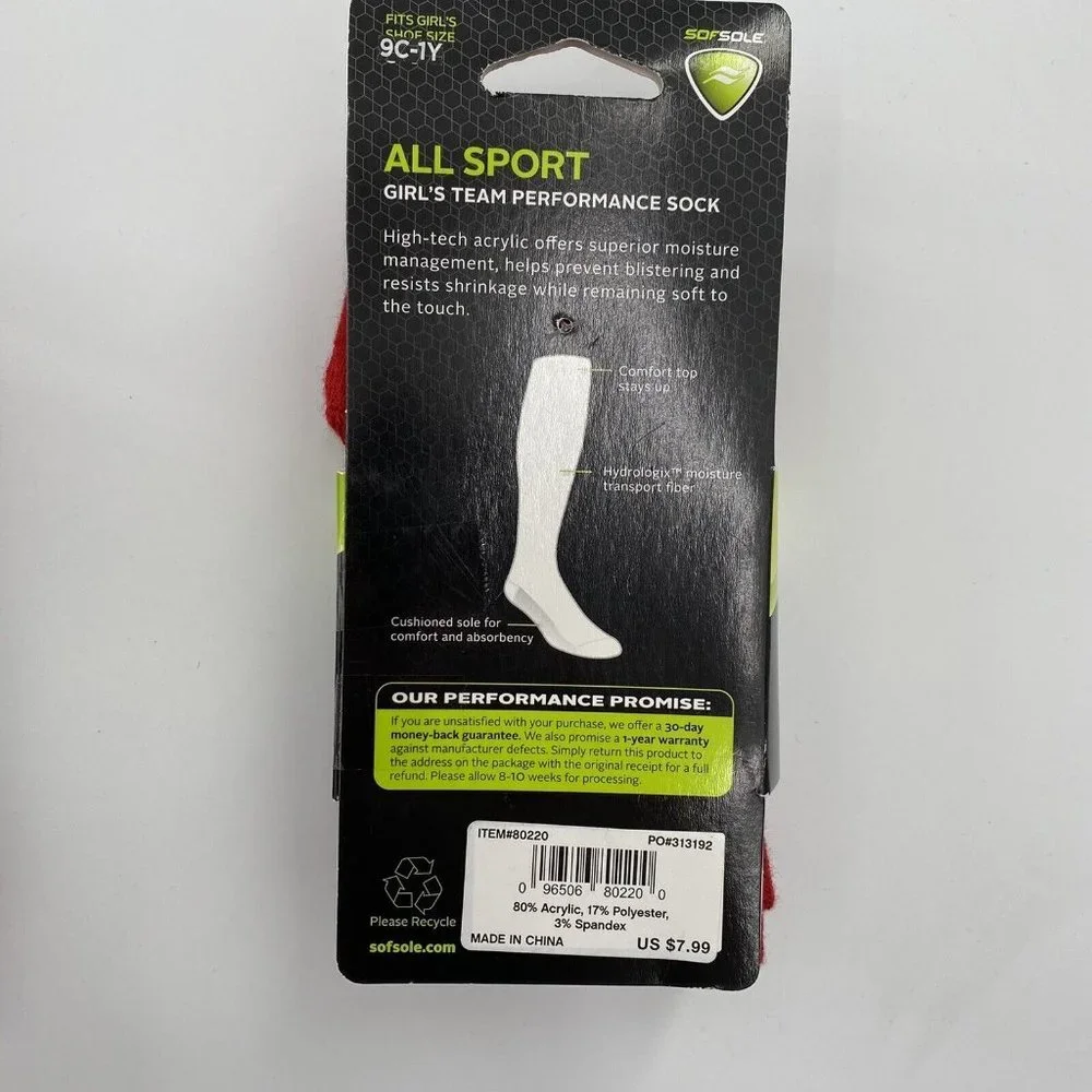 Sof Sole All Sport Girl's Team Performance Socks Crew Red Size XS (9C-1Y) 2 Pack
